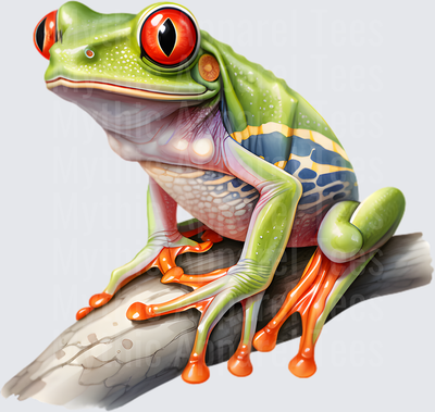 Vibrant Red-Eyed Tree Frog Perched on Branch with Orange Toe Pads and Blue Yellow Side Markings