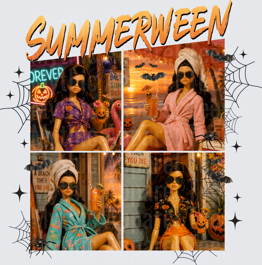 Summerween Fashion Doll Four Panel Collage Beach Halloween Bats Spiderwebs Pumpkin Cocktails Robes