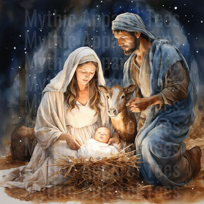 Nativity Scene Mary Joseph Baby Jesus Manger Watercolor