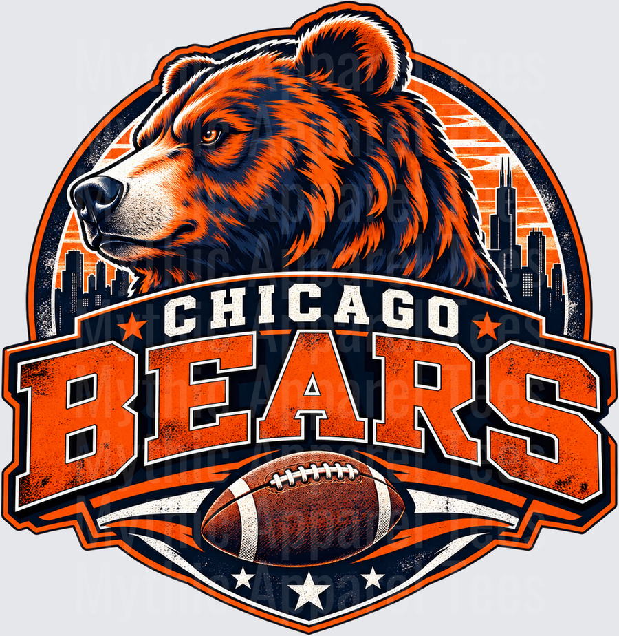 Chicago Bears Fierce Grizzly Head City Skyline Football Fan Badge Design in Navy Orange