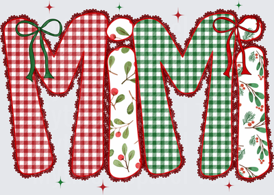Christmas MiMi Faux Applique Embroidery Red Green Buffalo Plaid Holly Berry Bow Letters