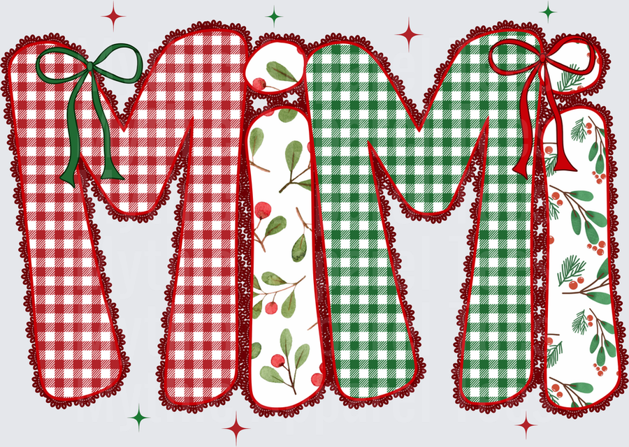 Christmas MiMi Faux Applique Embroidery Red Green Buffalo Plaid Holly Berry Bow Letters