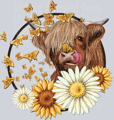 Precious Highland Cow with Flowers and butterflies DTF Highland Cow Transfers