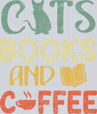 Cats books and coffee retro style colors DTF Coffee Transfers