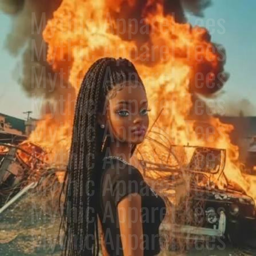 Doll Face Black Barbie with Long Box Braids Standing Fearless in Front of Massive Explosion and Burning Cars