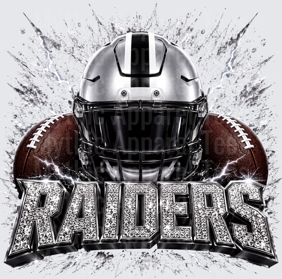 Rhinestone Style NFL Las Vegas Raiders Silver and Black Football Helmet with Diamond Bling Text and Water Splash Explosion