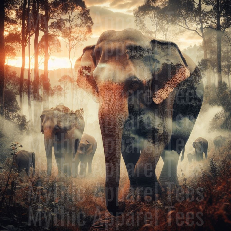 Elephant Herd Double Exposure Misty Forest Sunset Wildlife