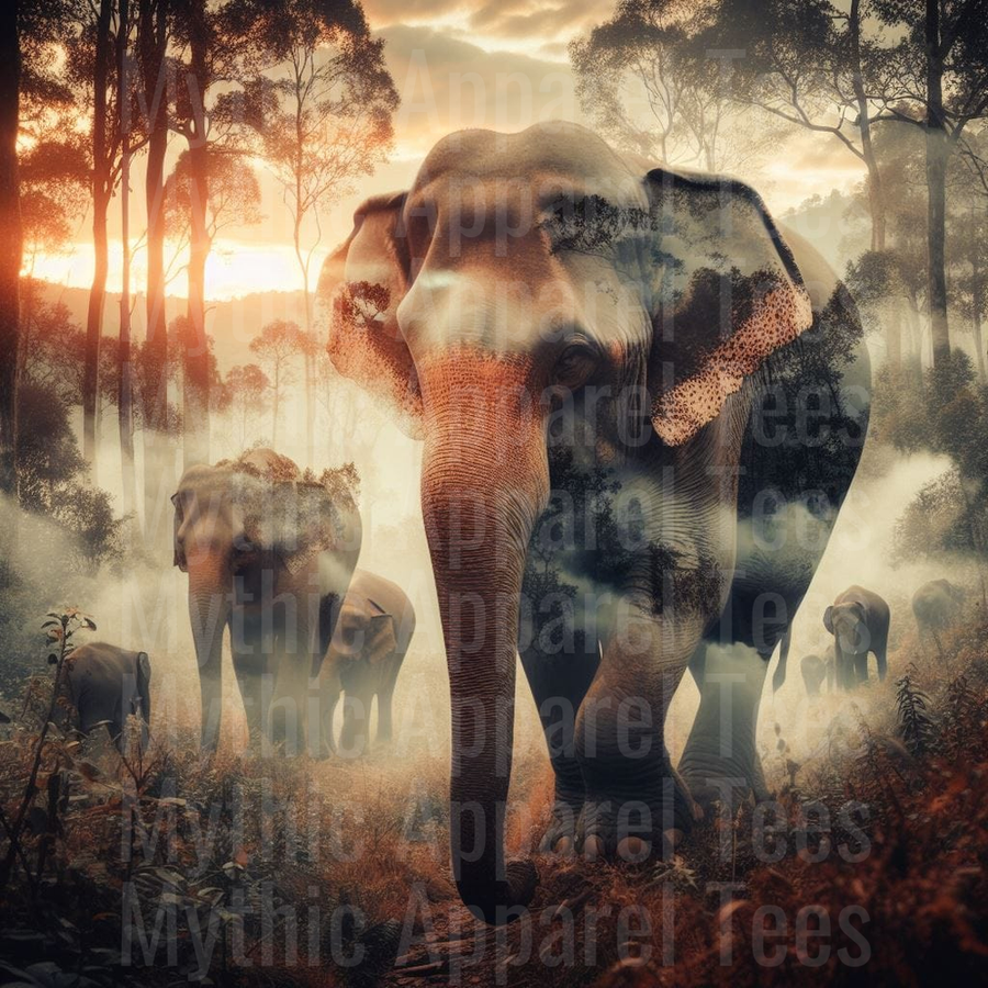 Elephant Herd Double Exposure Misty Forest Sunset Wildlife