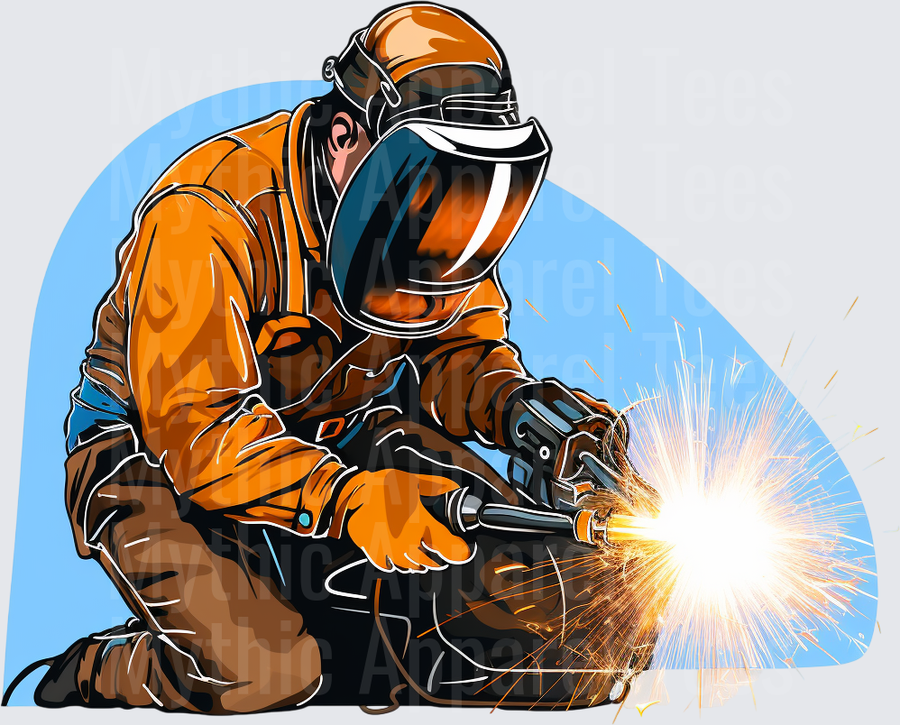 Welder in Orange Gear Welding with Sparks Flying Blue Background Illustration