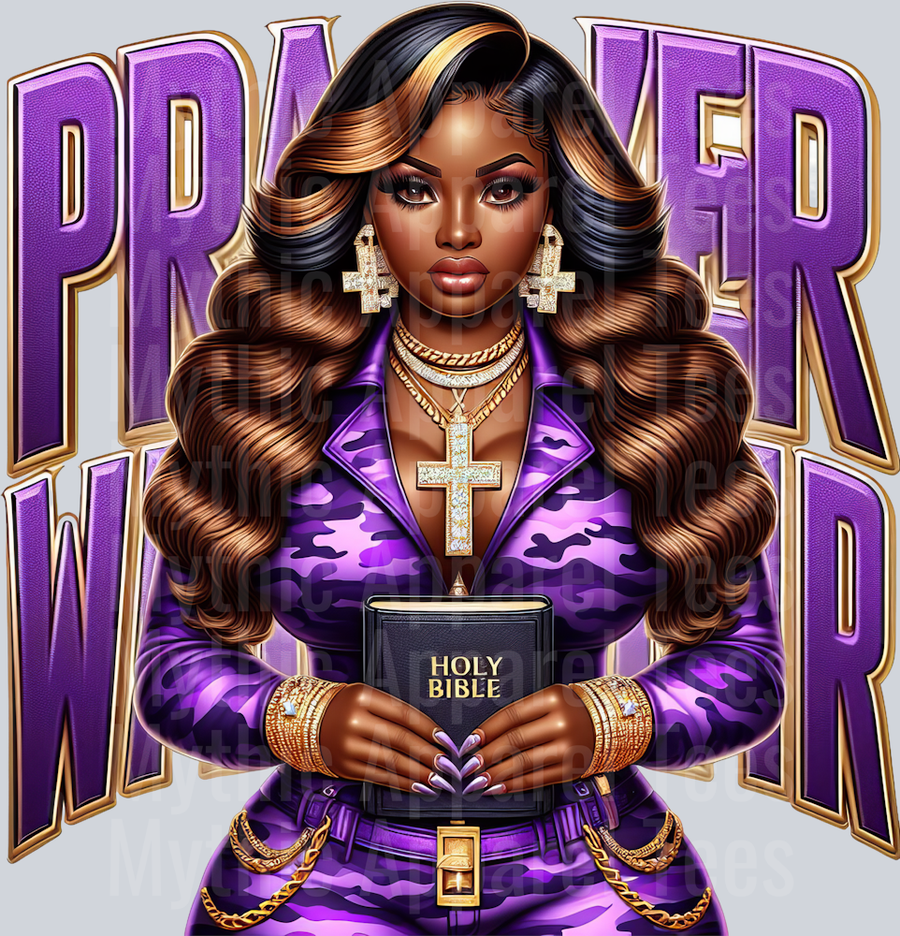Girl with bible Purple Prayer Warrior DTF Religious Transfers