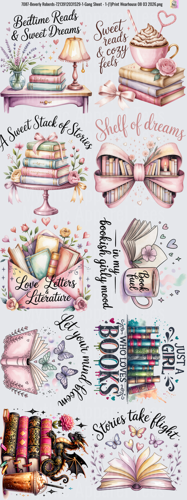 Gang Sheet FULL SIZE DESIGNS Book Lover Reading Quotes Watercolor Literary Collection