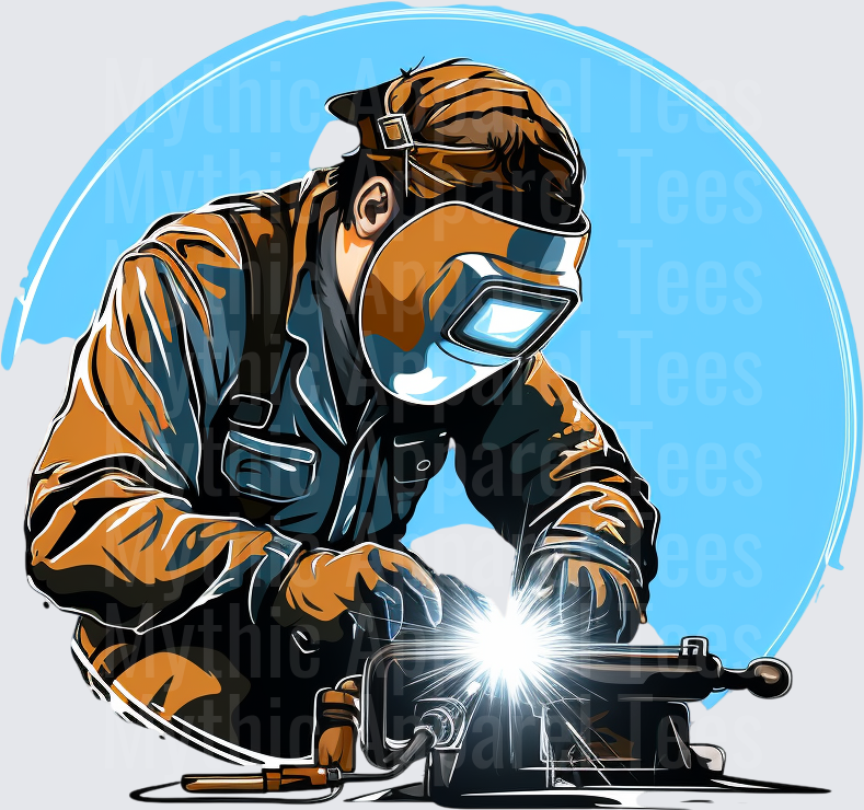 Skilled Welder in Protective Mask and Gloves with Bright Arc Flash Sparks Blue Circle Background