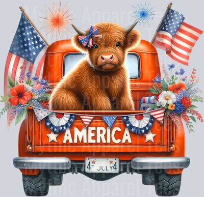 Orange truck with 2 American Flags DTF Patriotic Highland Cow Transfers