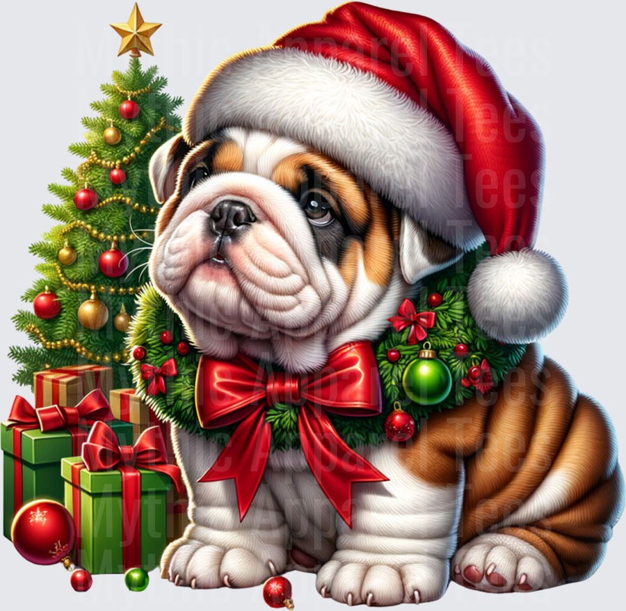 Adorable English Bulldog Puppy Santa Hat Christmas Wreath Holiday Tree Gifts