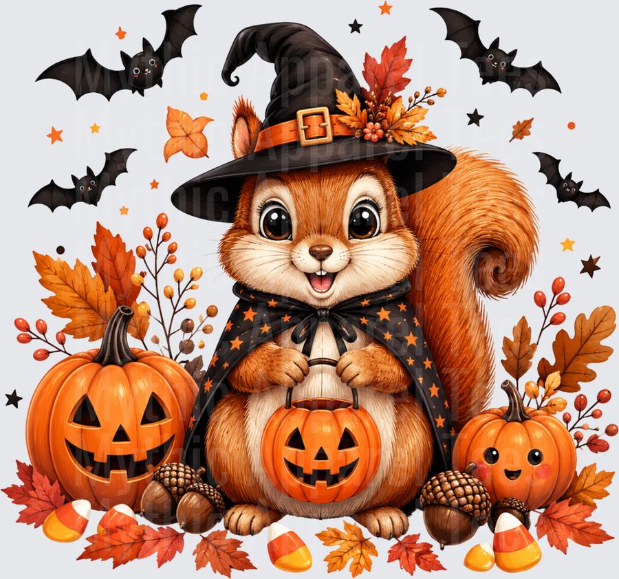 Cute Witch Squirrel Halloween Jack-O-Lantern Trick or Treat Autumn Fall Bats Candy Corn Acorns Pumpkins Leaves