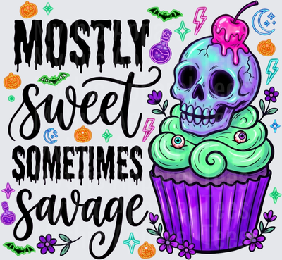 Mostly Sweet Sometimes Savage Spooky Skull Cupcake with Eyeballs Bats Pumpkins and Halloween Icons