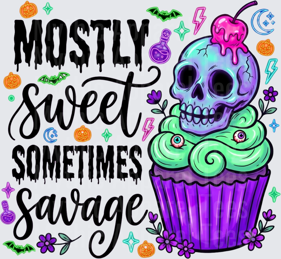Mostly Sweet Sometimes Savage Spooky Skull Cupcake with Eyeballs Bats Pumpkins and Halloween Icons