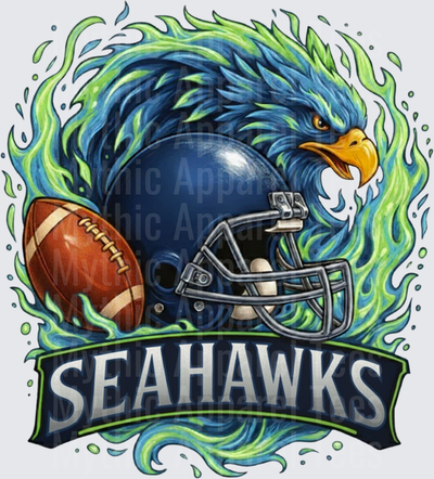 Seahawks Fierce Eagle Head Blue Football Helmet and Football Green Blue Flame Graphic