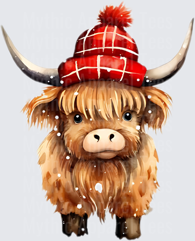Highland Christmas Cow Cute Baby in Red Plaid Winter Hat