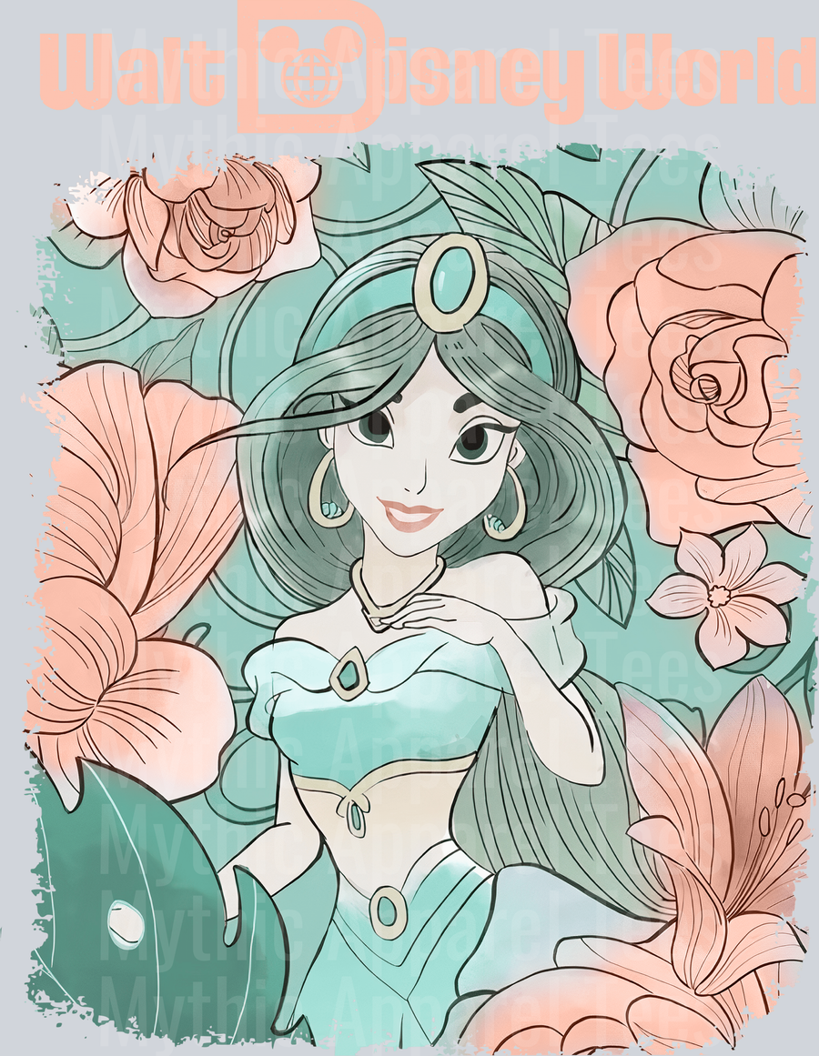 Walt Disney World Jasmine Portrait flowers and jasmine aladdin DTF Disney Transfers