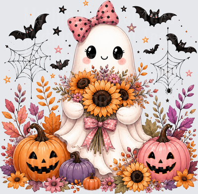 Cute Kawaii Ghost Girl with Pink Polka Dot Bow Holding Sunflower Bouquet Surrounded by Jack-O-Lanterns Bats and Fall Florals