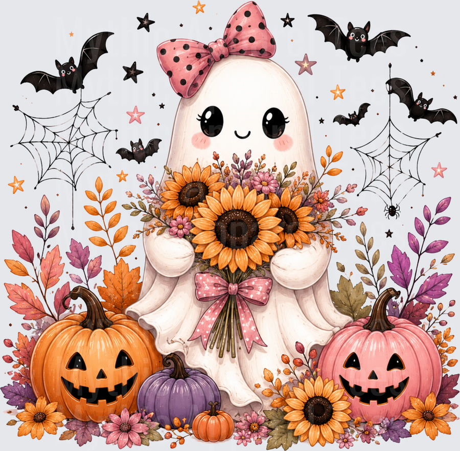 Cute Kawaii Ghost Girl with Pink Polka Dot Bow Holding Sunflower Bouquet Surrounded by Jack-O-Lanterns Bats and Fall Florals