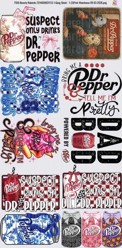 Gang Sheet FULL SIZE DESIGNS Dr Pepper Themed Collection with Horror Movie Characters and Sassy Quotes