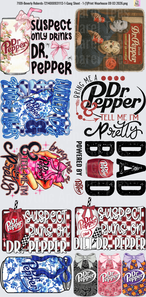 Gang Sheet FULL SIZE DESIGNS Dr Pepper Themed Collection with Horror Movie Characters and Sassy Quotes