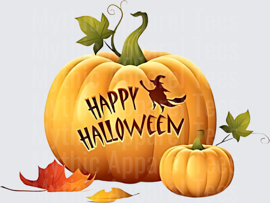Happy Halloween Pumpkin with Flying Witch Silhouette and Autumn Leaves