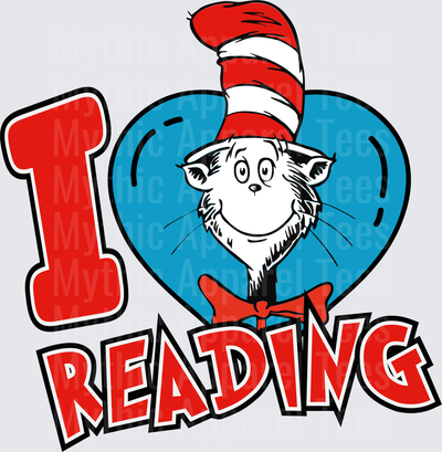 Dr. Seuss Cat in the Hat I Love Reading Blue Heart Graphic Design