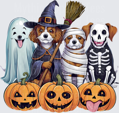 Four Dogs in Halloween Costumes Ghost Witch Mummy Skeleton with Jack-o-Lantern Pumpkins