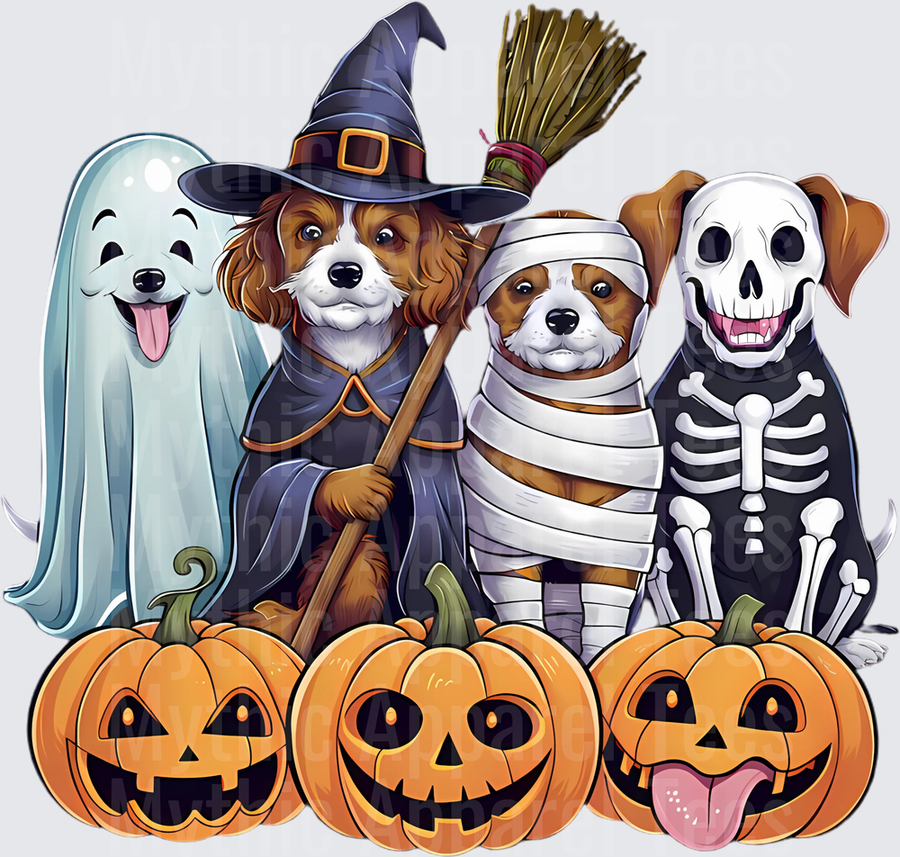 Four Dogs in Halloween Costumes Ghost Witch Mummy Skeleton with Jack-o-Lantern Pumpkins
