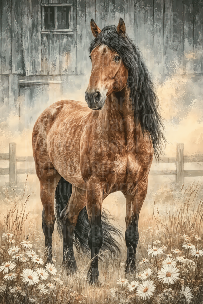 Buckskin Horse with Flowing Black Mane Standing in Daisy Field with Rustic Barn Fence Vintage Painting Style