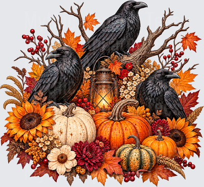 Three Black Ravens Autumn Harvest Arrangement with Pumpkins Sunflowers and Vintage Lantern Fall Foliage