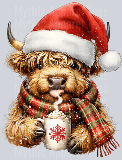 Christmas Highland Cow Hot Cocoa Heifer Santa Hat Mooey Xmas Raglan Baseball Tee