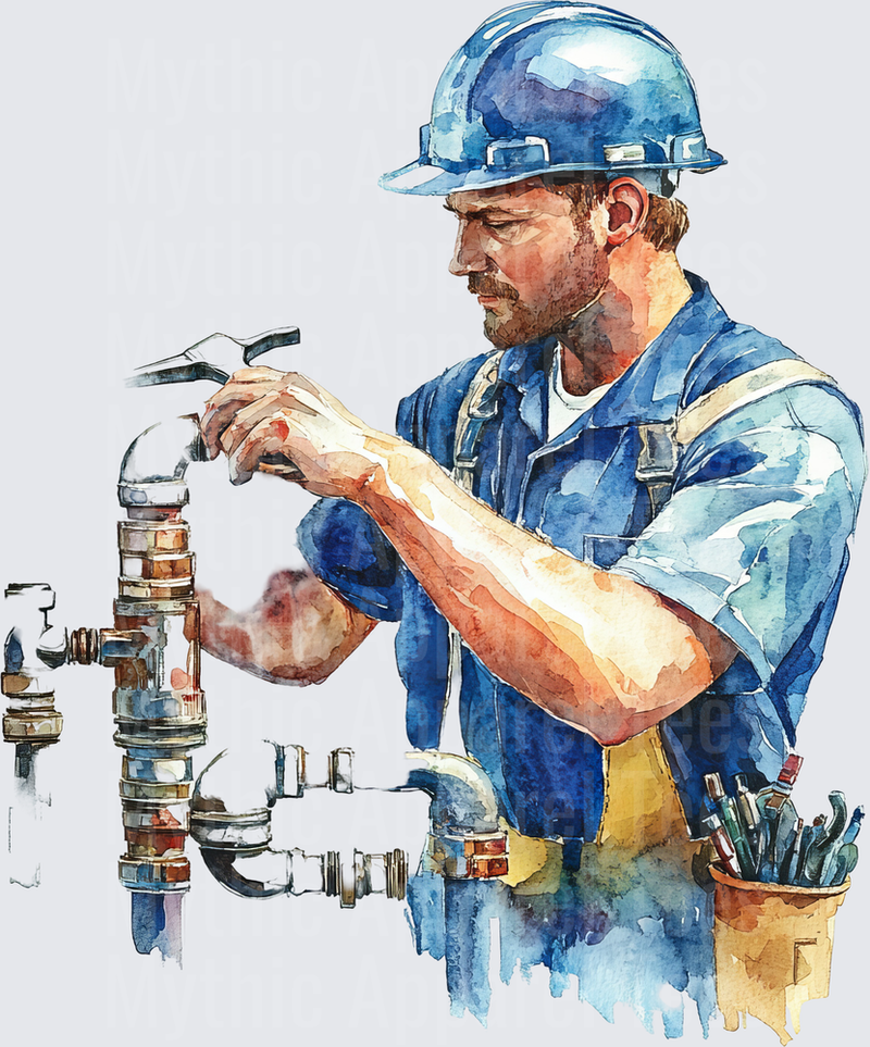 Watercolor Plumber Working on Pipes Wearing Blue Hard Hat and Coveralls with Tool Belt