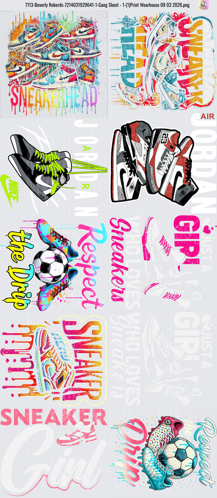 Gang Sheet FULL SIZE DESIGNS Sneakerhead Collection Air Jordan Nike Sports Typography Graffiti Style Bundle