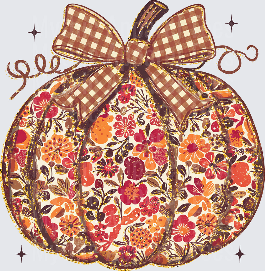 Fall Designs Floral Pumpkin with Buffalo Plaid Bow and Gold Glitter Sparkle Accents