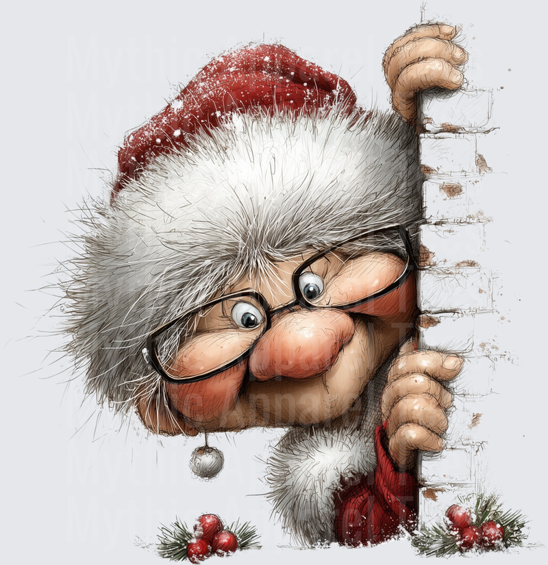 Whimsical Christmas Gnome Peeking Around Snowy Brick Wall with Glasses and Santa Hat