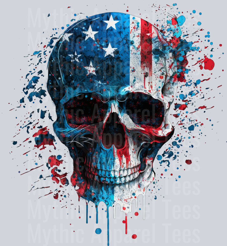 American Flag Skull paint splatter blue red and white DTF Skull Transfers
