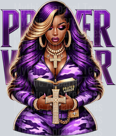 Girl with open bible 7 cross PW Purple Prayer Warrior DTF Religious Transfers