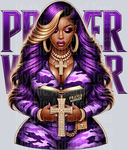 Girl with open bible 7 cross PW Purple Prayer Warrior DTF Religious Transfers