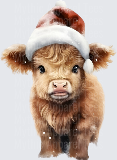 Highland Christmas Cow Baby Calf in Santa Hat with Snow
