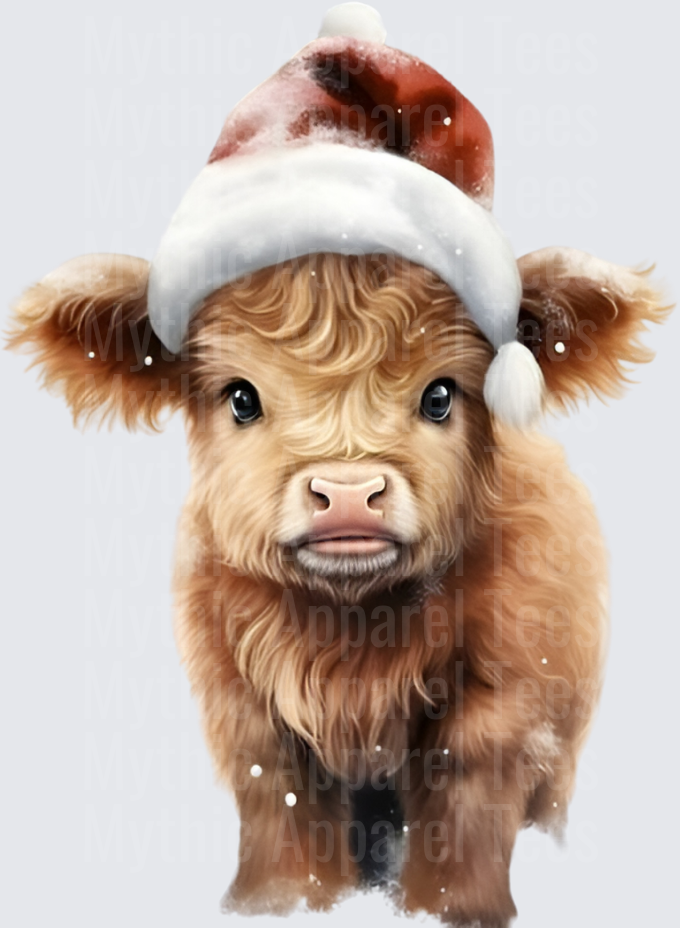 Highland Christmas Cow Baby Calf in Santa Hat with Snow