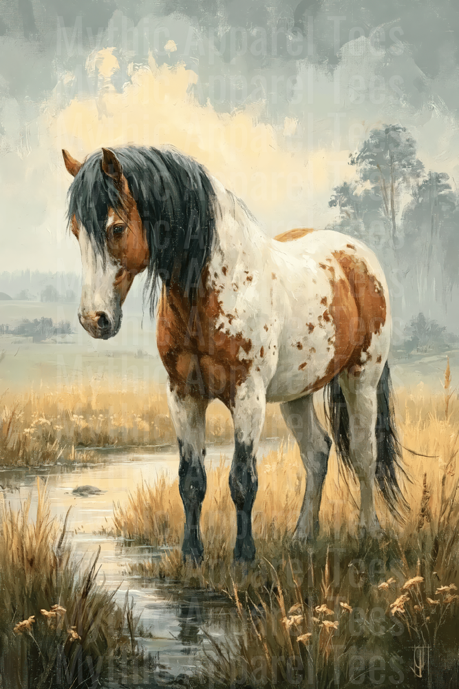 Appaloosa Paint Horse Standing by Stream in Golden Meadow Oil Painting Style
