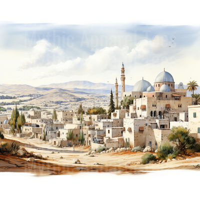Nativity Ancient Middle Eastern Village Watercolor Landscape
