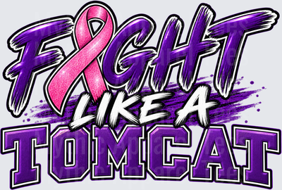 TomCat Fight Like A Tomcat Pink Ribbon Cancer Awareness Purple Brush Stroke Bold Mascot Design