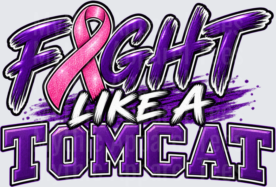 TomCat Fight Like A Tomcat Pink Ribbon Cancer Awareness Purple Brush Stroke Bold Mascot Design
