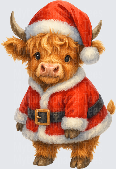 Highland Christmas Cow Baby Santa Claus Outfit Watercolor