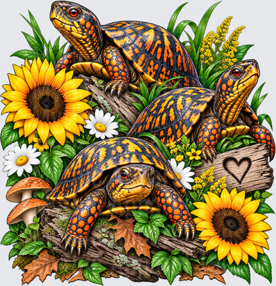 Turtles Three Eastern Box Turtles with Sunflowers Daisies Mushrooms and Heart Carved Wood in Nature Garden Scene